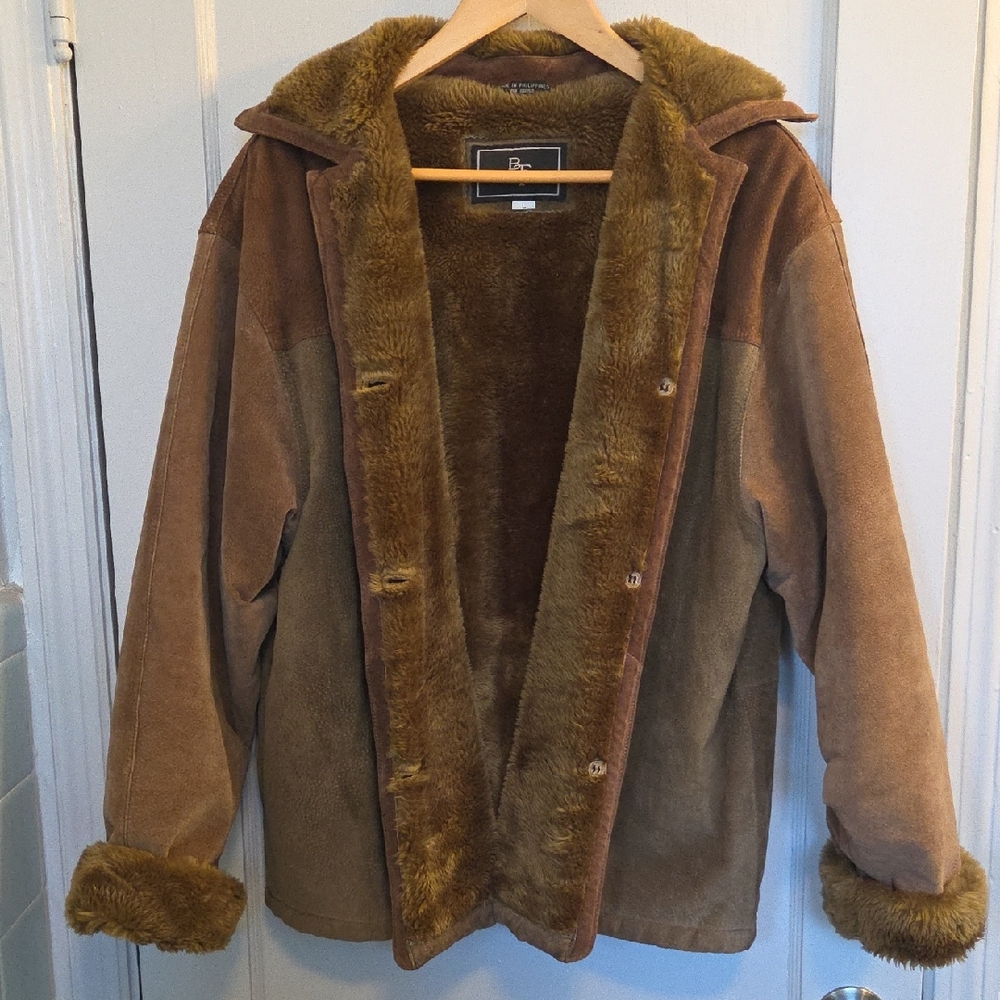 Brandon Thomas Suede Leather Brown Faux Fur Warm Jacket L